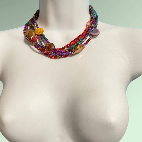 Seed Bead Multi Strand Red Gold Purple Glass Beads Wood Beads Colorful Necklace - Picture 3 of 9